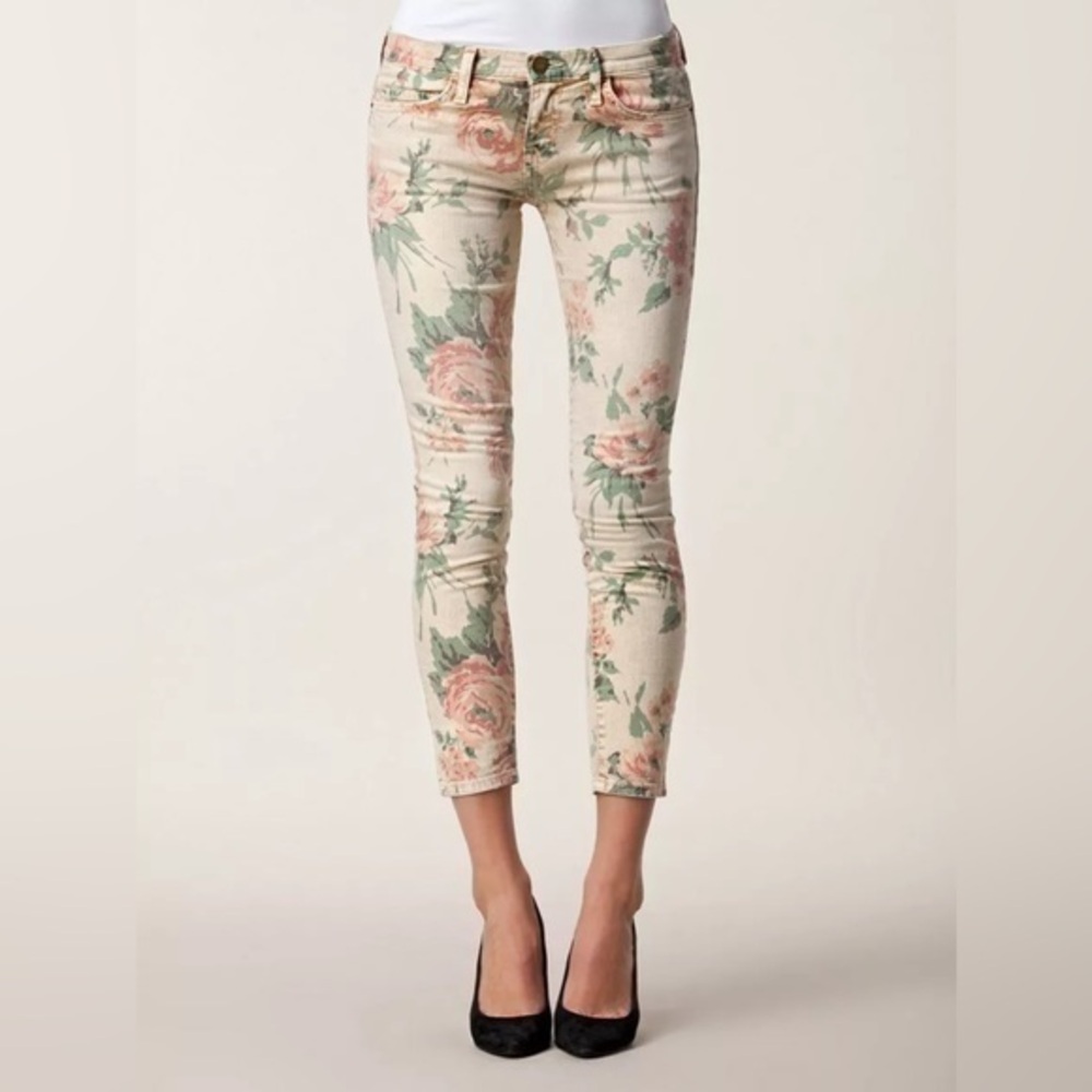 CURRENT/ELLIOT | Haystack Floral Stiletto Jeans cream pink cropped low rise - 26
